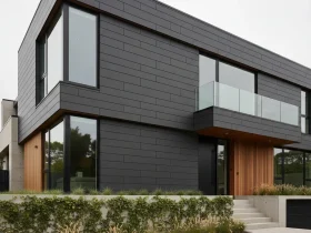 Vue d'ensemble d'une façade moderne : maison contemporaine avec bardage composite gris anthracite, montrant l'intégration architecturale harmonieuse du matériau.