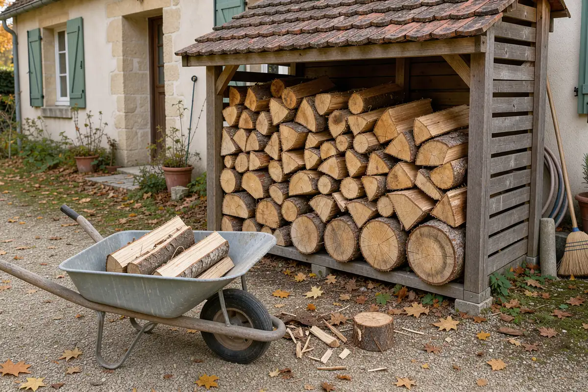 Bûches fendues empilées dans un abri ventilé avec une brouette à proximité.
