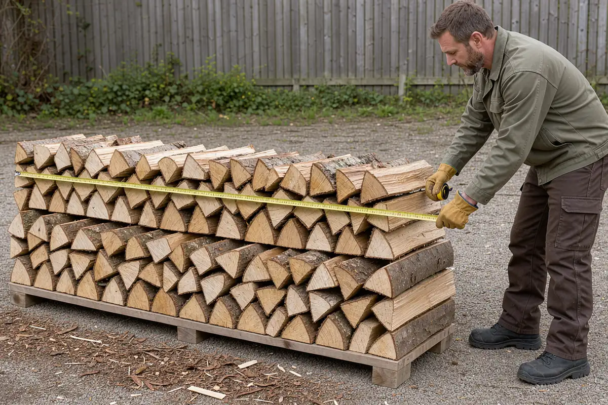 Mesure de la profondeur totale d’un tas de bois comportant plusieurs rangées de bûches.