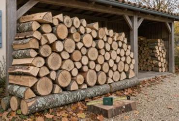 Bûches courtes empilées dans un abri à bois, avec un mètre ruban à proximité.
