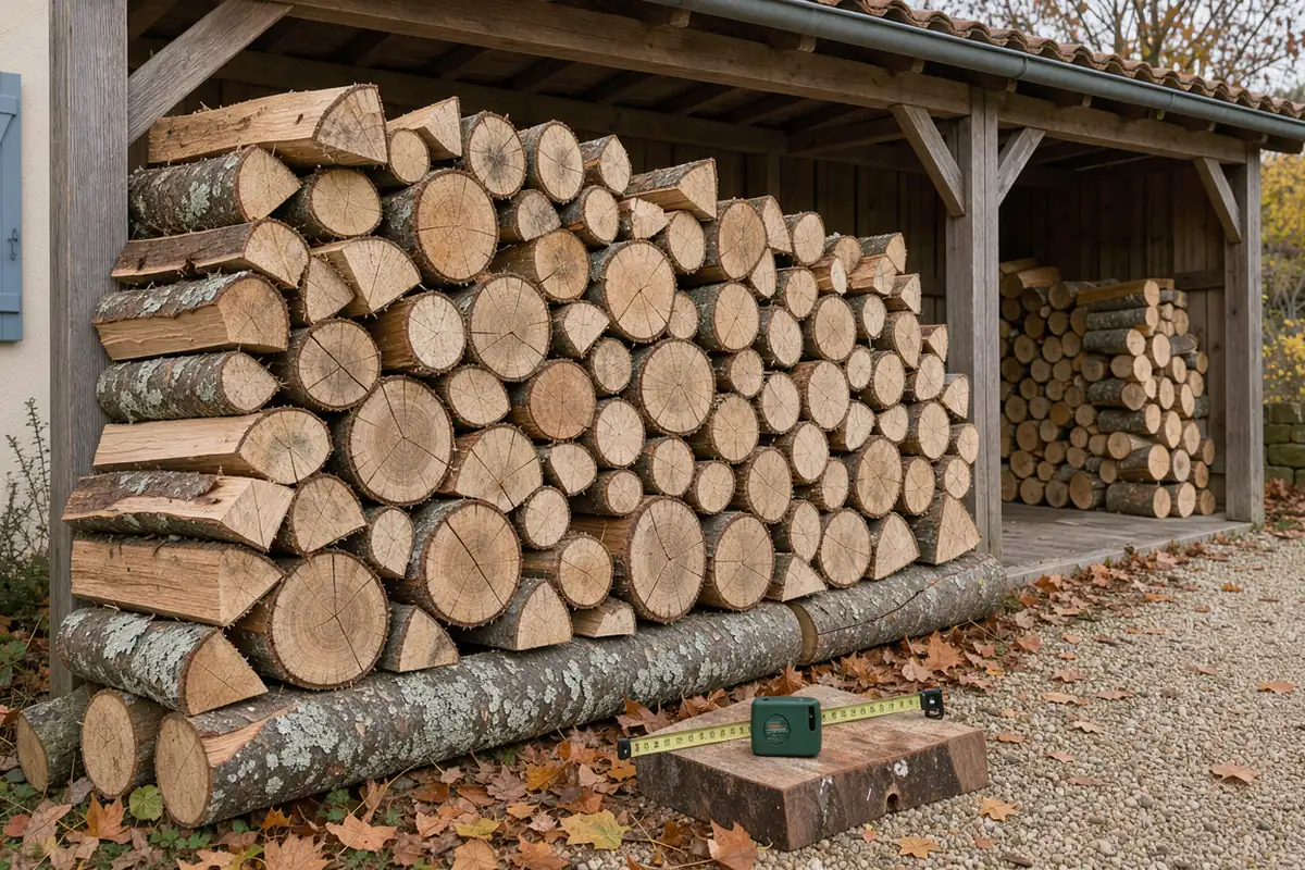 Bûches courtes empilées dans un abri à bois, avec un mètre ruban à proximité.