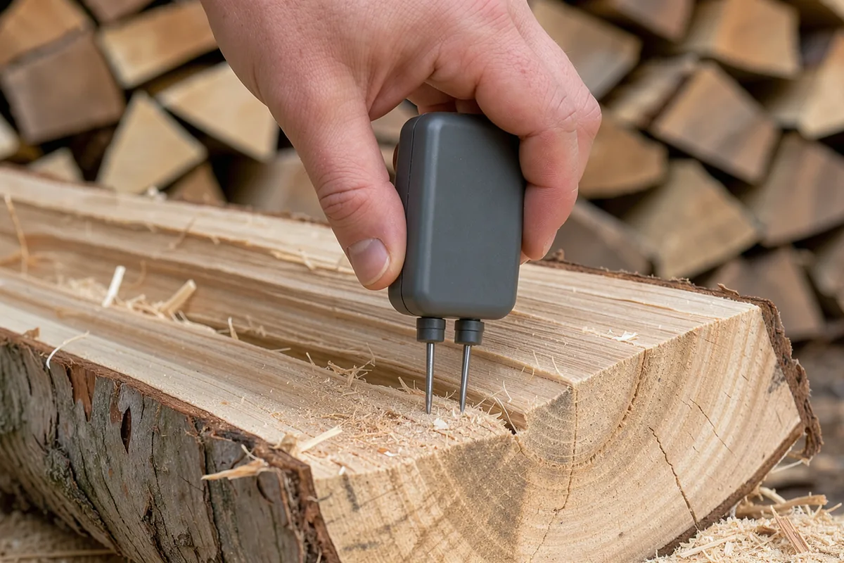 Humidimètre planté dans la face fraîchement fendue d'une bûche de chêne pour mesurer son taux d'humidité.