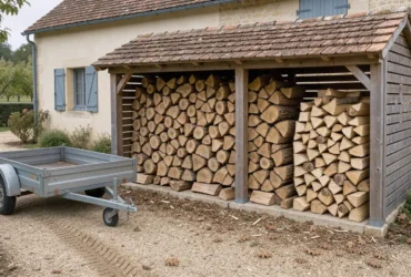 Bûches de chauffage empilées dans un abri ventilé près d’une remorque vide.