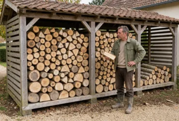 Bûcher partiellement rempli de bûches empilées avant la saison de chauffage.