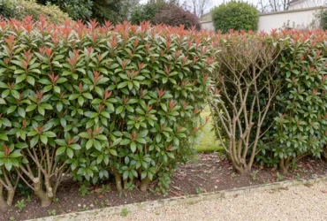 Haie de photinias adultes avec branches anciennes, feuillage vert et jeunes pousses rouges.