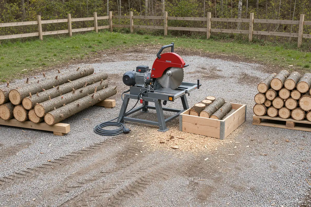 Organisation du chantier entre le tas de bois long, la scie à l’arrêt et les bûches débitées.
