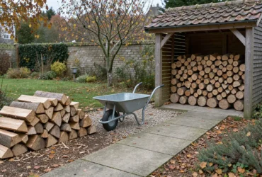 Tas de bûches, brouette et chemin dégagé vers un abri à bois dans un jardin.