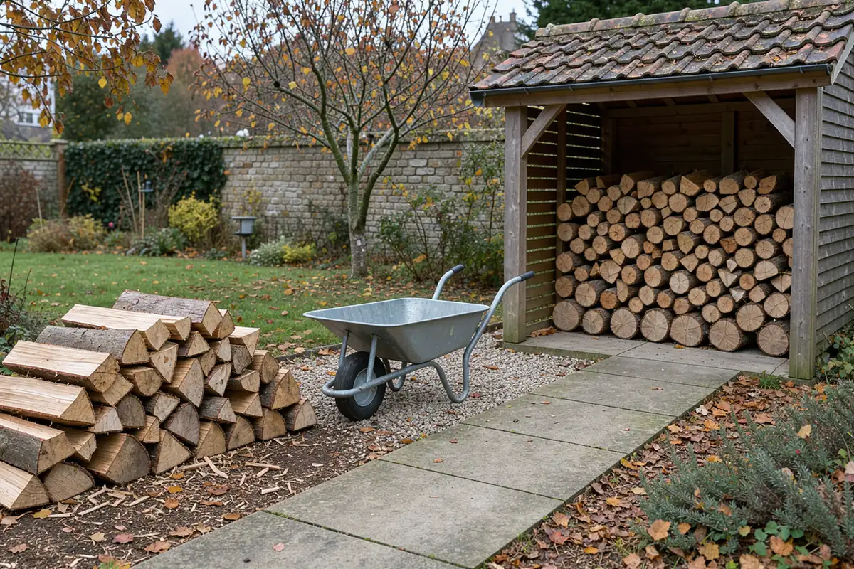 Tas de bûches, brouette et chemin dégagé vers un abri à bois dans un jardin.